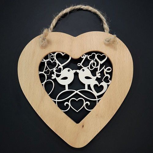 Dekorácia AMADEA Drevené srdce s vkladom - vtáčiky, masívne drevo, veľkosť 16 cm