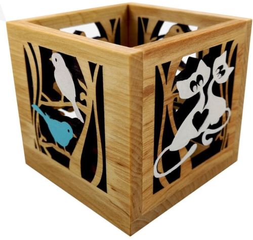 Svietnik AMADEA Drevený svietnik kocky s motívom vtáčikov a mačiek, farebný, masívne drevo, 10x10x10 cm