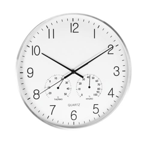 SEGNALE Nástěnné hodiny s teploměrem a vlhkoměrem 38 cm stříbrný rám
