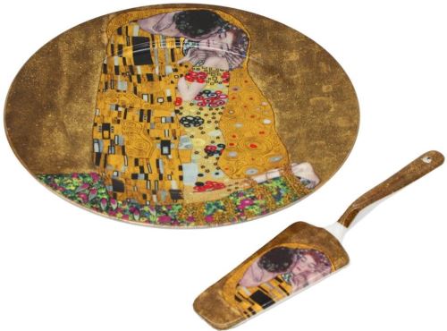 Servírovacia sada Home Elements Porcelánový okrúhly tanier na tortu s lyžicou – Klimt, Bozk zlatý