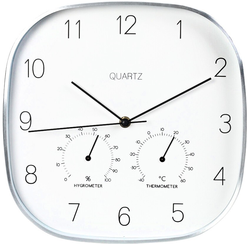 SEGNALE Nástenné hodiny s teplomerom a vlhkomerom 28,5 cm strieborný rám