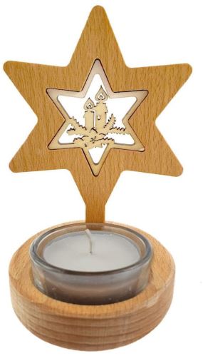 Svietnik AMADEA Drevený svietnik hviezda s vkladom - sviečky, masívne drevo, výška 10 cm