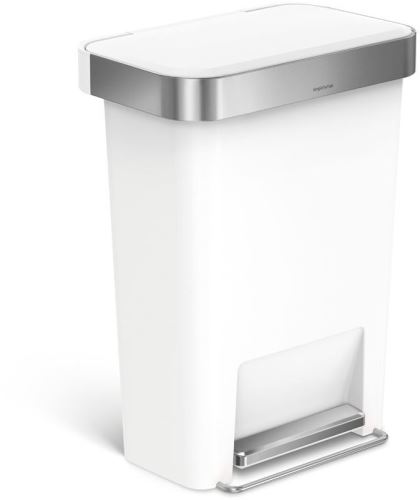 Pedálový odpadkový kôš Simplehuman - 45 l, vrecko na sáčky, obdĺžnikový, biely plast / nerez