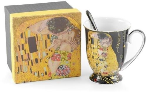 Hrnček Home Elements Porcelánový hrnček s lyžičkou 280 ml, Klimt Bozk čierny