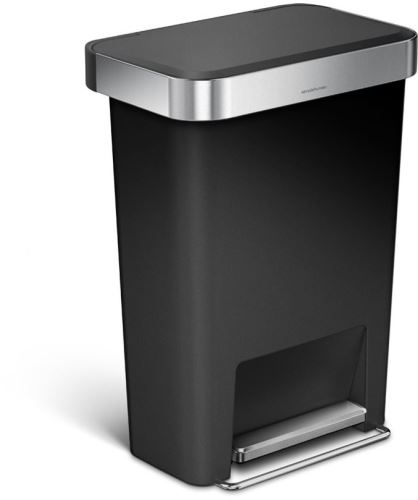 Pedálový odpadkový kôš Simplehuman - 45 l, vrecko na sáčky, obdĺžnikový, čierny plast / nerez