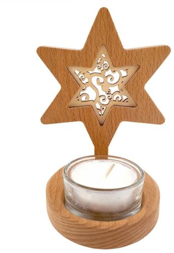 Svietnik AMADEA Drevený svietnik hviezda s vkladom - ornament, masívne drevo, výška 10 cm
