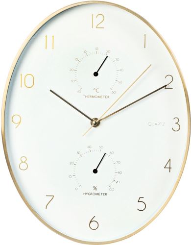 SEGNALE Nástěnné hodiny s teploměrem a vlhkoměrem 34,5 cm zlatý rám