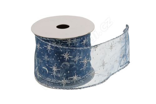 Vianočná textilná stuha na darčeky a dekorácie 6 cm x 2 m hviezdičky modrá